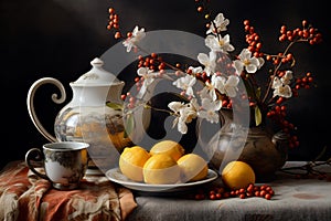 Aesthetic Stilllife flowers tea. Generate Ai photo