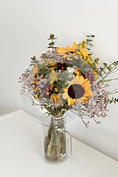 Aesthetic summer yellow green bouquet with sunflowers