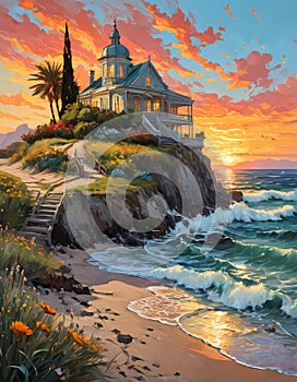 An aesthetic villa at a whimsical bech, with beautiful sunset view, wildplants, gentle waves, beautiful sky, painting art photo