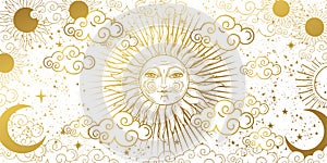 Aesthetic white background with golden sun with face, clouds and stars. Magic tarot card, celestial banner. Frame for astrology,