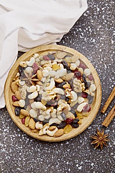 Aesthetic wooden bowl of assorted nuts top view. Healthy food and snacks. Walnuts, almonds, hazelnuts and cashews