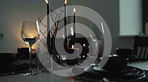 Aesthetically decorated table with candles, wine glasses, plates, black colours. Elegant banquet concept. Generative AI