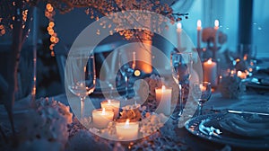 Aesthetically decorated table with candles, wine glasses, plates, light colours. Elegant banquet concept. Generative AI