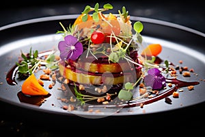 Aesthetically layered vegetable salad with edible flowers and pomegranate sauce on an elegant dark plate