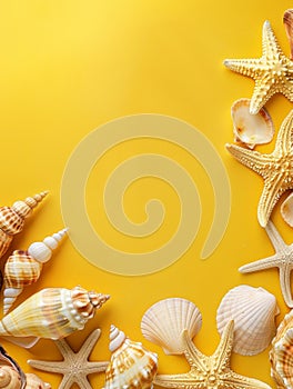 An aesthetically pleasing spread of seashells and starfish on a yellow hue, evoking the warmth of tropical beaches. Copy