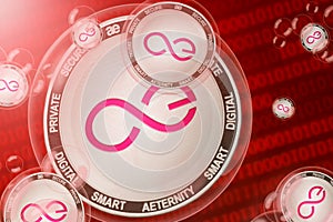 Aeternity crash, bubble. Aeternity AE cryptocurrency coins in a bubbles on the binary code background