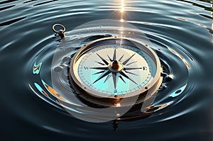 Aetherial Navigation: Translucent Compass Levitating Above Rippled Water Surface, Fluorescent Glow Emanating From Within