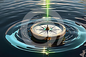 Aetherial Navigation: Translucent Compass Levitating Above Rippled Water Surface, Fluorescent Glow Emanating From Within