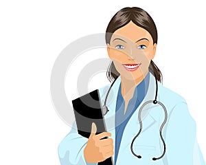 Affable doctor with tablet
