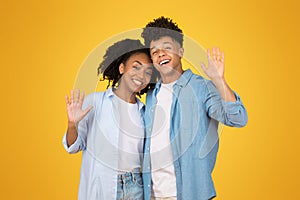 Affable young African American woman and man waving hello with open hands