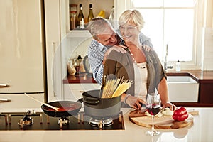 Affection, happy or old couple kitchen cooking with healthy food for lunch or dinner together at home. Love, hug or