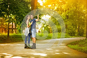 Affectionate couple on rollerblades