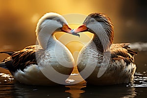 Affectionate duck and bird touch beaks, forging a sweet connection