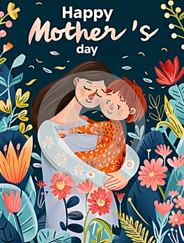 An affectionate illustration of a mother hugging her son amid a garden of red flowers, expressing the warmth of Mothers