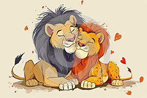 Affectionate Lion Couple Enjoying a Tender Moment in a Heartwarming Illustration