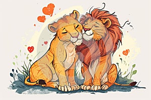 Affectionate Lion Couple Enjoying a Tender Moment in a Heartwarming Illustration