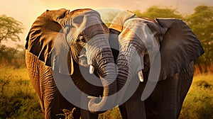 Affectionate moment: two elephants are touchingly hugging with their trunk