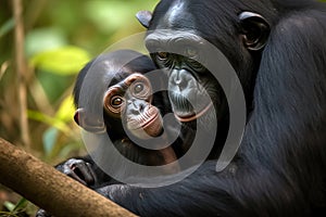 Affectionate portrait of bonobo pygmy chimpanzee with her baby in the forest. Incredible African wildlife. generative Ai