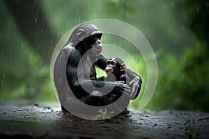 Affectionate portrait of bonobo pygmy chimpanzee with her baby a rainny day in the forest. Incredible African wildlife. generative