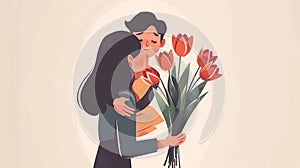 An affectionate son congratulates his mother on mother& x27;s day and gifts her a bouquet of tulips