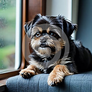 Affenpinscher dog curled up on a cozy window seat watching the window