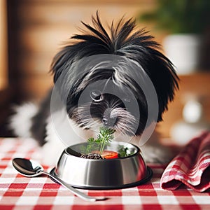 Affenpinscher dog is eating dog food in his bowl
