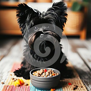 Affenpinscher dog is eating dog food in his bowl