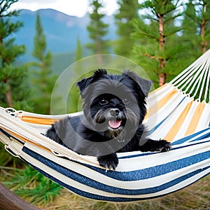 Affenpinscher dog lying in a hammock between two pine trees