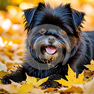 Affenpinscher dog nestled among vibrant autumn leaves sunlight