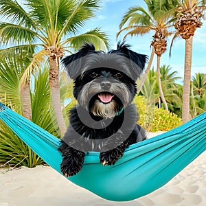 Affenpinscher dog sitting in a hammock among tall palm trees
