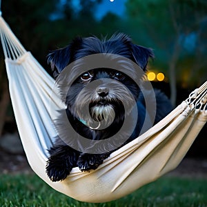 Affenpinscher dog sitting in a hammock under a canopy of stars