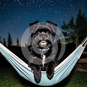 Affenpinscher dog sitting in a hammock under a starry sky with hammock