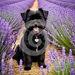 Affenpinscher dog standing amidst a field of lavender