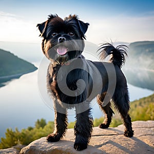 Affenpinscher dog standing proudly on a cliff overlooking a serenity