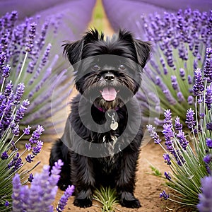 Affenpinscher dog surrounded by blooming lavender fields