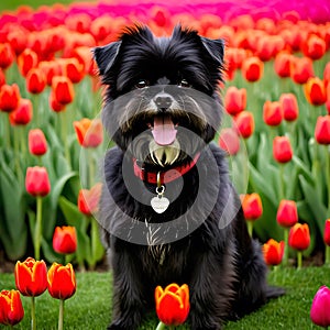Affenpinscher dog surrounded by a field of vibrant tulips