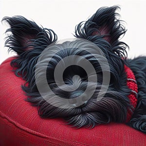 The Affenpinscher dog was sleeping soundly on his red pillow