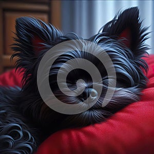 The Affenpinscher dog was sleeping soundly on his red pillow