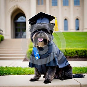 Affenpinscher dog wearing a graduation cap and gown standing professionally