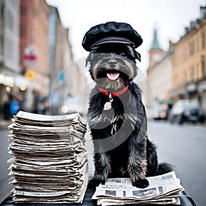 Affenpinscher dog wearing a newsboy cap sitting on a stack of newspapers and magazines