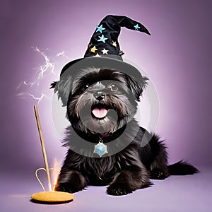 Affenpinscher dog wearing a wizard's hat casting spells with a w