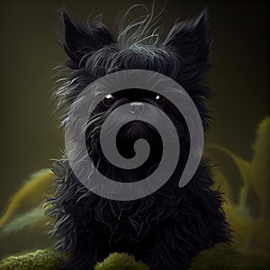 Affenpinscher puppy sits in the forest on green moss