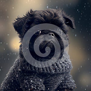 Affenpinscher puppy in a sweater on a background of snow