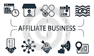 Affiliate Business icon set. Collection contain affiliate, code, advertiser, viral, marketing, affiliate marketing and over icons