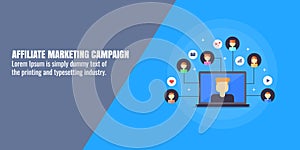 Affiliate marketing campaign - business people networking - community marketing concept. Flat design vector banner.