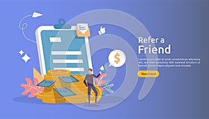 affiliate marketing concept. refer a friend strategy. people character shout megaphone sharing referral business partnership and