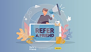 affiliate marketing concept. refer a friend strategy. people character shout megaphone sharing referral business partnership and