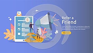 affiliate marketing concept. refer a friend strategy. people character shout megaphone sharing referral business partnership and