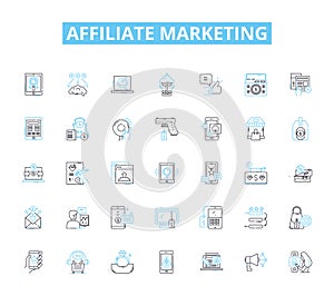 Affiliate marketing linear icons set. Commissions, Sales, Commission, Promotions, Nerking, Revenue, Online line vector