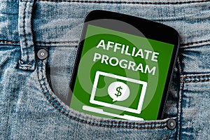 Affiliate program concept on smartphone screen in jeans pocket